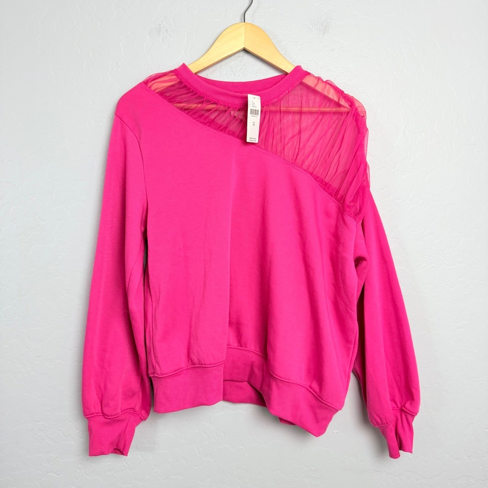 Maeve Anthropologie Pink Rose Tulle Mesh Sheer Shoulder Sweatshirt Medium NEW